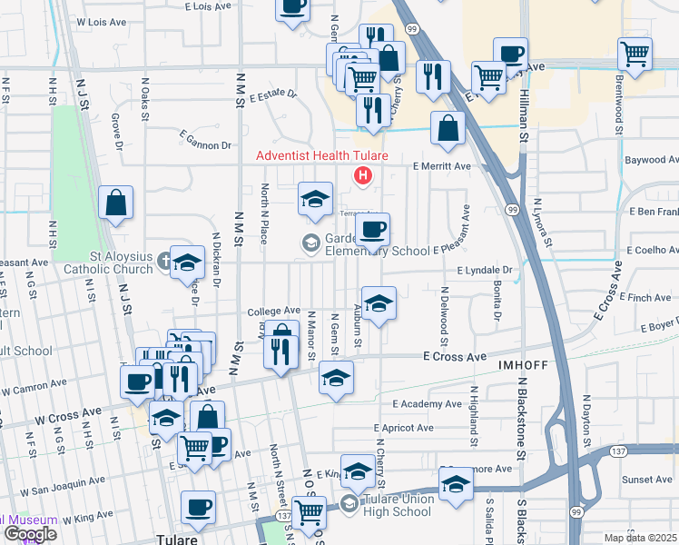 map of restaurants, bars, coffee shops, grocery stores, and more near 640 North Gem Street in Tulare
