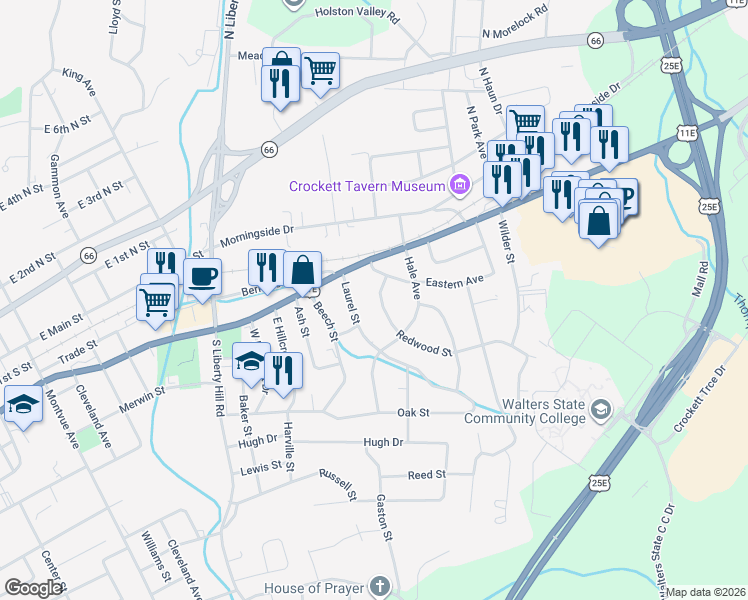 map of restaurants, bars, coffee shops, grocery stores, and more near 340 Redwood Street in Morristown