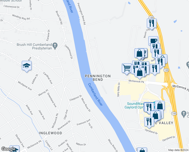 map of restaurants, bars, coffee shops, grocery stores, and more near 2410 McGavock Pike in Nashville