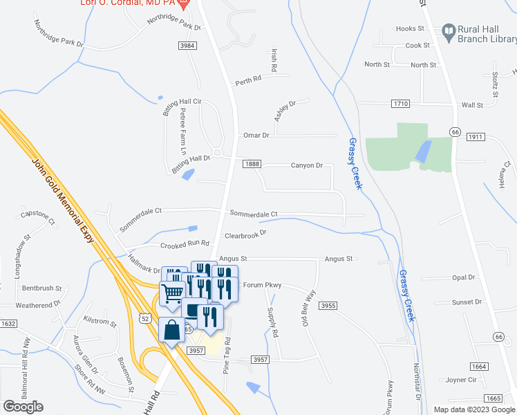 map of restaurants, bars, coffee shops, grocery stores, and more near 663 Sommerdale Court in Rural Hall