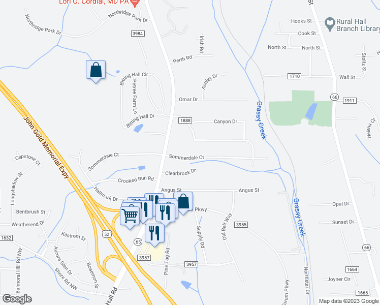 map of restaurants, bars, coffee shops, grocery stores, and more near 663 Sommerdale Court in Rural Hall