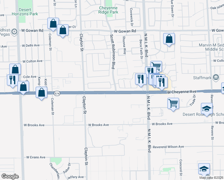 map of restaurants, bars, coffee shops, grocery stores, and more near 1805 Pinsky Lane in North Las Vegas