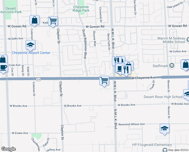 map of restaurants, bars, coffee shops, grocery stores, and more near 1713 Ronzard Avenue in North Las Vegas