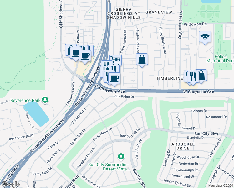 map of restaurants, bars, coffee shops, grocery stores, and more near 10420 Villa Ridge Drive in Las Vegas