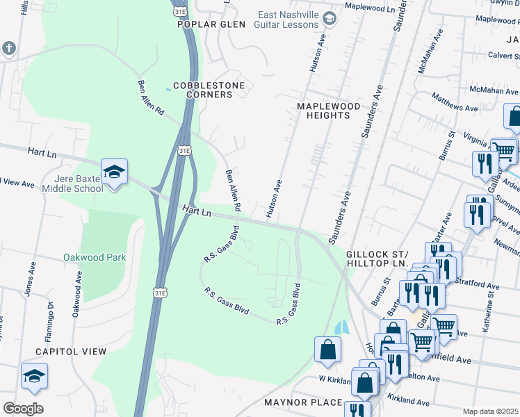 map of restaurants, bars, coffee shops, grocery stores, and more near 627 Hart Lane in Nashville