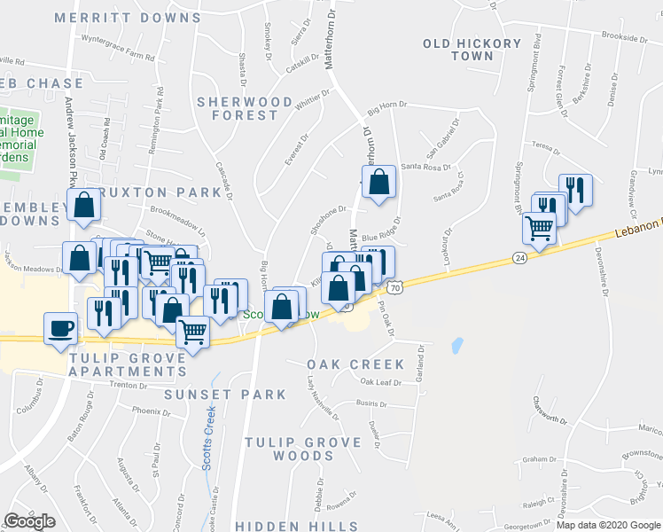 map of restaurants, bars, coffee shops, grocery stores, and more near 4924 Kilimanjaro Drive in Nashville