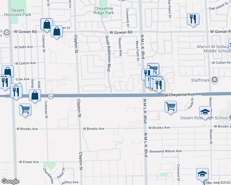 map of restaurants, bars, coffee shops, grocery stores, and more near in North Las Vegas