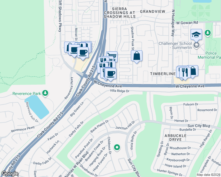 map of restaurants, bars, coffee shops, grocery stores, and more near 10425 Villa Ridge Drive in Las Vegas