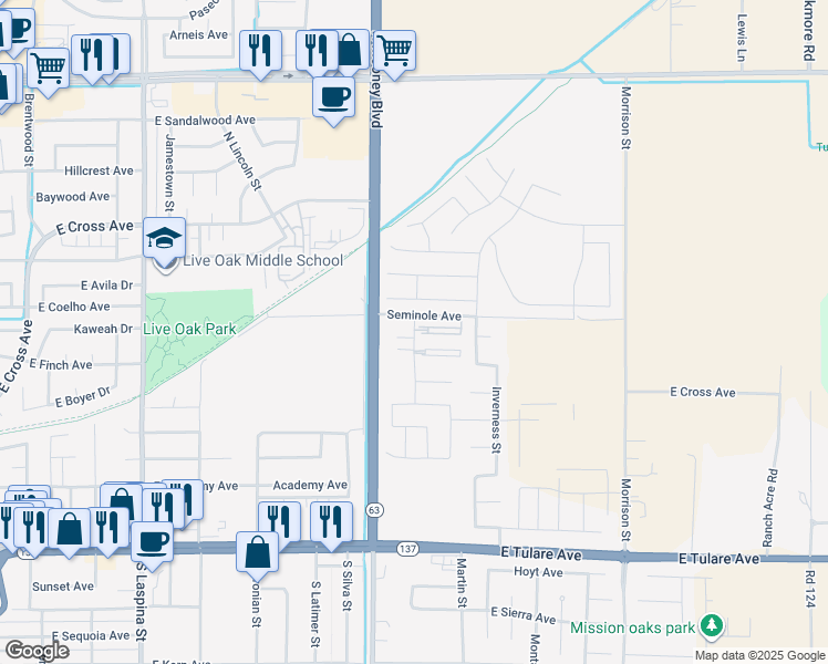 map of restaurants, bars, coffee shops, grocery stores, and more near 682 Mooney Boulevard in Tulare