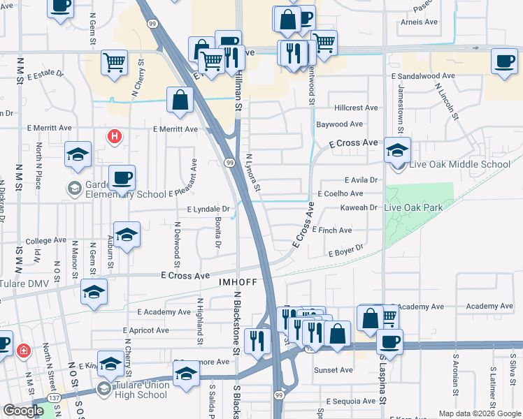 map of restaurants, bars, coffee shops, grocery stores, and more near 631 North Lynora Street in Tulare