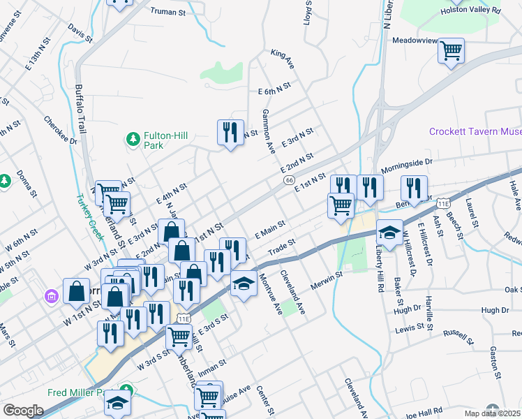 map of restaurants, bars, coffee shops, grocery stores, and more near 710 East 1st North Street in Morristown
