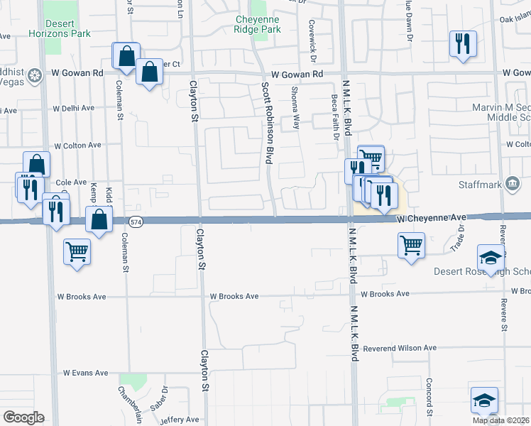 map of restaurants, bars, coffee shops, grocery stores, and more near 1805 Pinsky Lane in North Las Vegas
