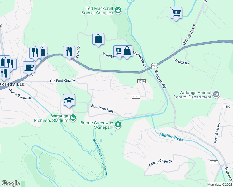 map of restaurants, bars, coffee shops, grocery stores, and more near 212 Somerset Drive in Boone