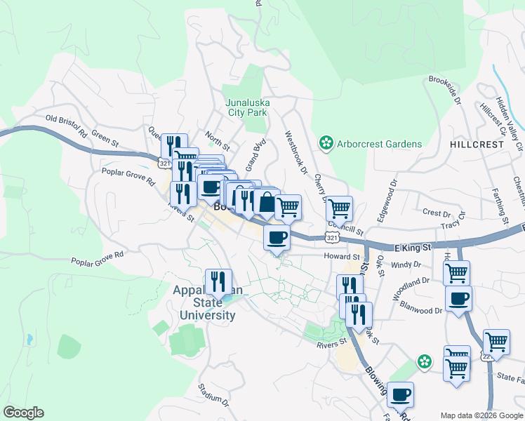 map of restaurants, bars, coffee shops, grocery stores, and more near 454 West King Street in Boone