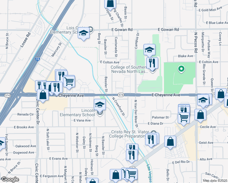 map of restaurants, bars, coffee shops, grocery stores, and more near 3204 North Crawford Street in North Las Vegas