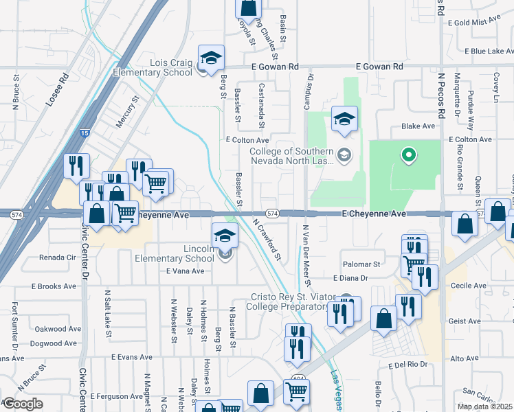 map of restaurants, bars, coffee shops, grocery stores, and more near 3204 North Crawford Street in North Las Vegas