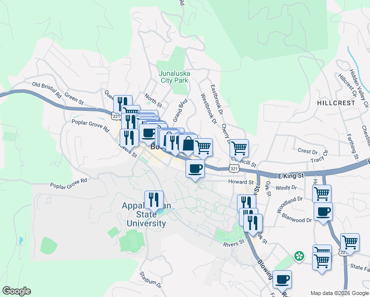 map of restaurants, bars, coffee shops, grocery stores, and more near 454 West King Street in Boone