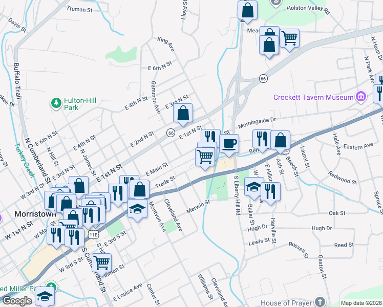 map of restaurants, bars, coffee shops, grocery stores, and more near 1001-1099 Trade Street in Morristown