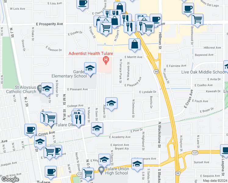 map of restaurants, bars, coffee shops, grocery stores, and more near 804 East Lyndale Drive in Tulare