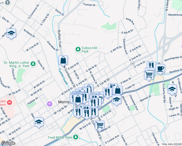 map of restaurants, bars, coffee shops, grocery stores, and more near 417 North James Street in Morristown