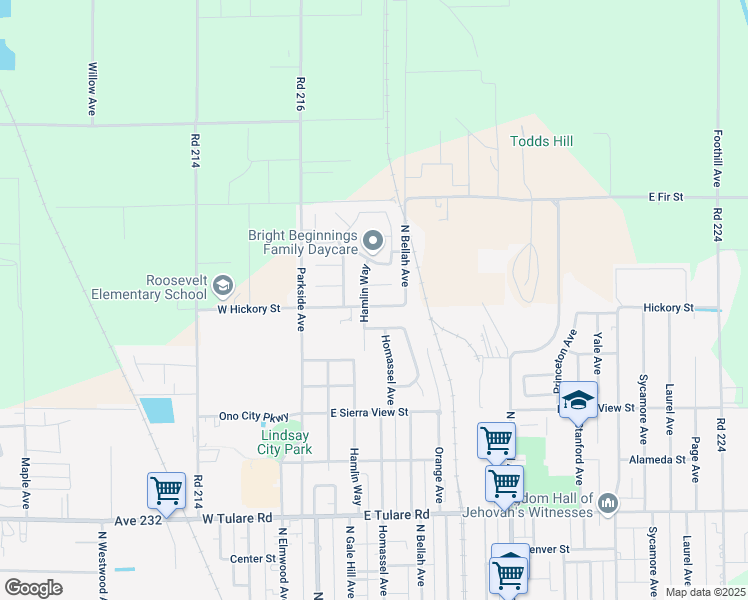 map of restaurants, bars, coffee shops, grocery stores, and more near 500 E Hickory St in Lindsay