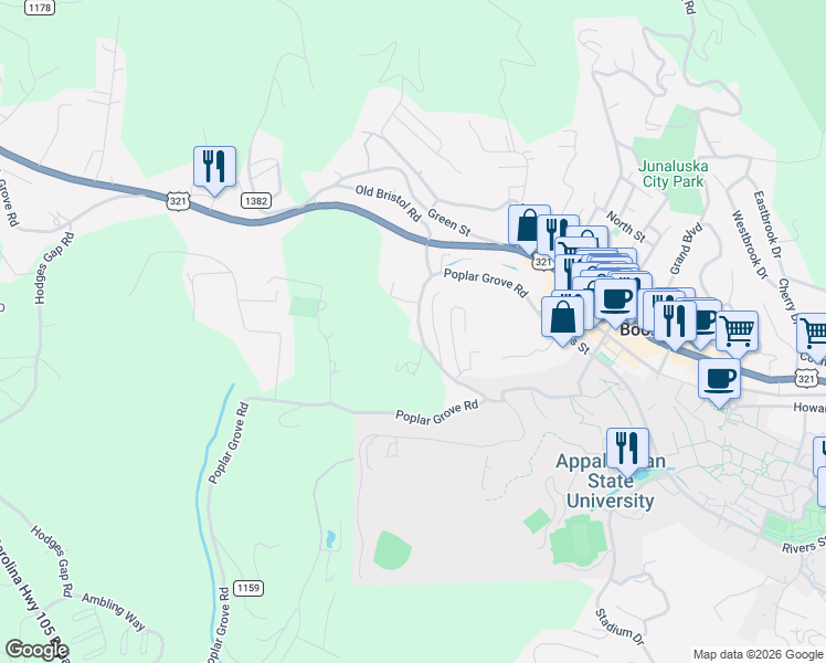 map of restaurants, bars, coffee shops, grocery stores, and more near 538 Poplar Grove Road in Boone