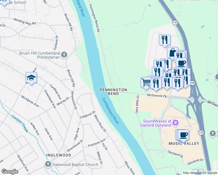 map of restaurants, bars, coffee shops, grocery stores, and more near 2203 Pennington Bend Road in Nashville