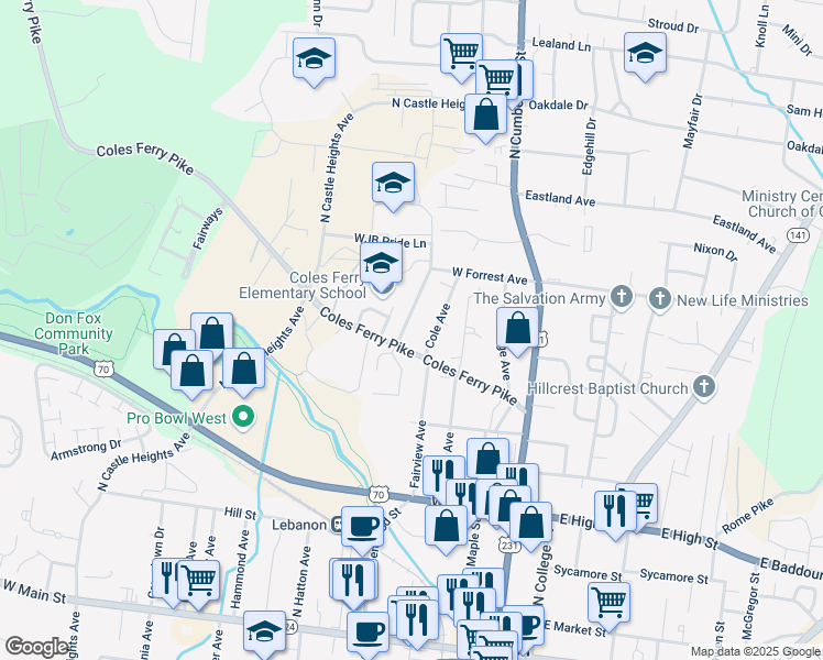map of restaurants, bars, coffee shops, grocery stores, and more near 615 North Greenwood Extension in Lebanon