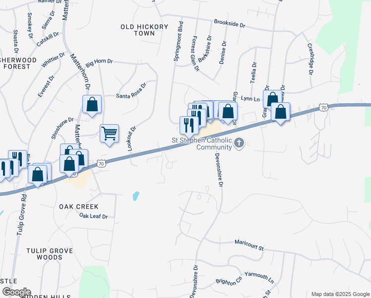 map of restaurants, bars, coffee shops, grocery stores, and more near 14930 Lebanon Road in Mt. Juliet