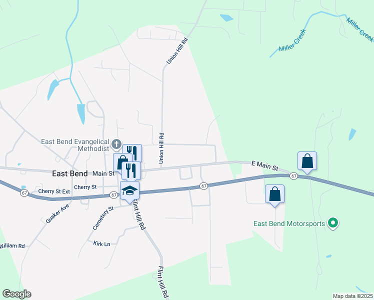 map of restaurants, bars, coffee shops, grocery stores, and more near 224 Brewer Circle in East Bend