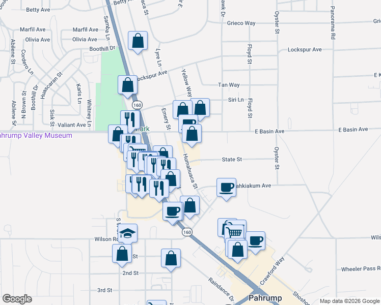 map of restaurants, bars, coffee shops, grocery stores, and more near 130 Humahuaca Street in Pahrump