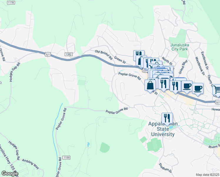 map of restaurants, bars, coffee shops, grocery stores, and more near 500 Poplar Grove Road in Boone