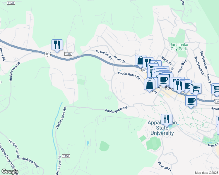 map of restaurants, bars, coffee shops, grocery stores, and more near 500 Poplar Grove Road in Boone
