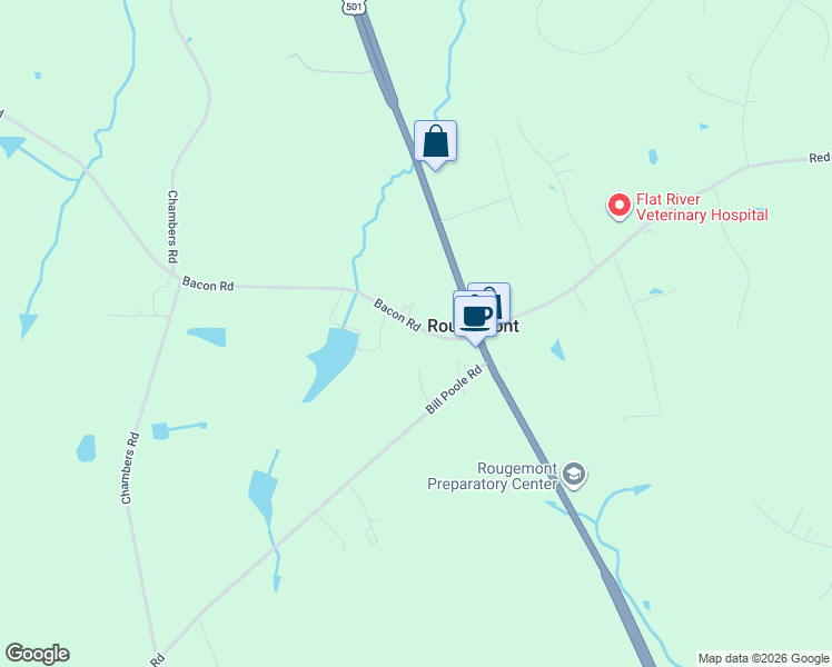 map of restaurants, bars, coffee shops, grocery stores, and more near 120 Bill Poole Road in Rougemont