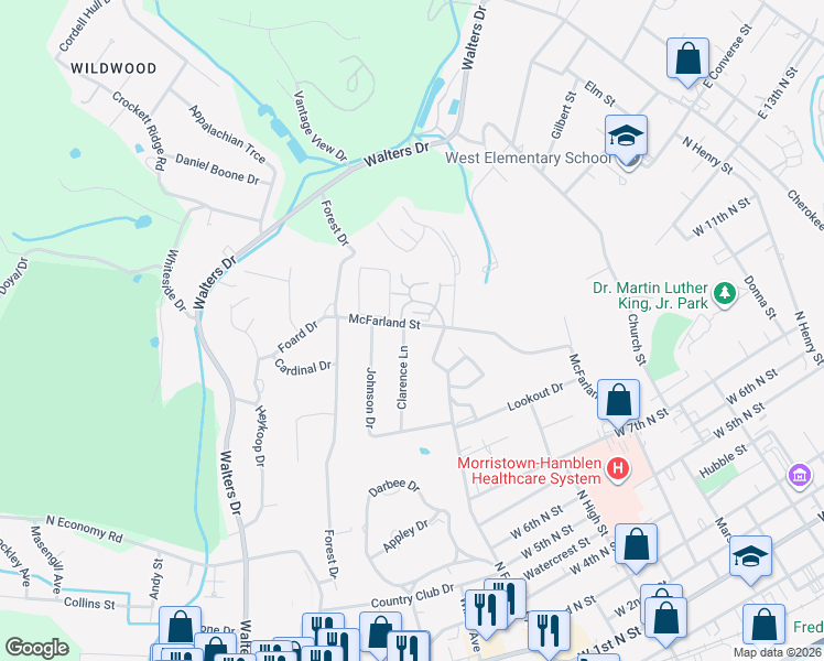 map of restaurants, bars, coffee shops, grocery stores, and more near 1119 Whitaker Lane in Morristown