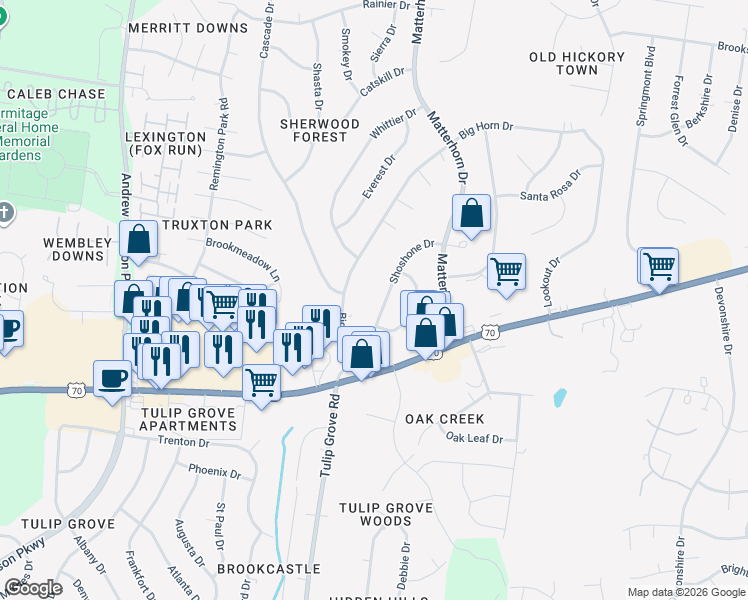 map of restaurants, bars, coffee shops, grocery stores, and more near 4845 Big Horn Drive in Nashville