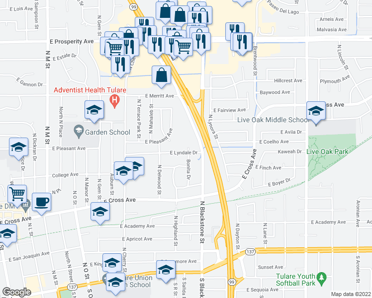 map of restaurants, bars, coffee shops, grocery stores, and more near 701 Bonita Drive in Tulare