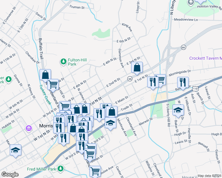 map of restaurants, bars, coffee shops, grocery stores, and more near 734 East 2nd North Street in Morristown