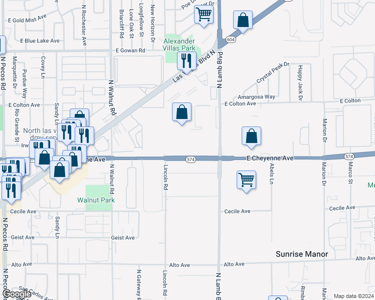 map of restaurants, bars, coffee shops, grocery stores, and more near 4150 Nevada 574 in Las Vegas