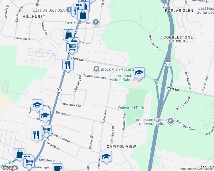 map of restaurants, bars, coffee shops, grocery stores, and more near 2823 Jones Avenue in Nashville