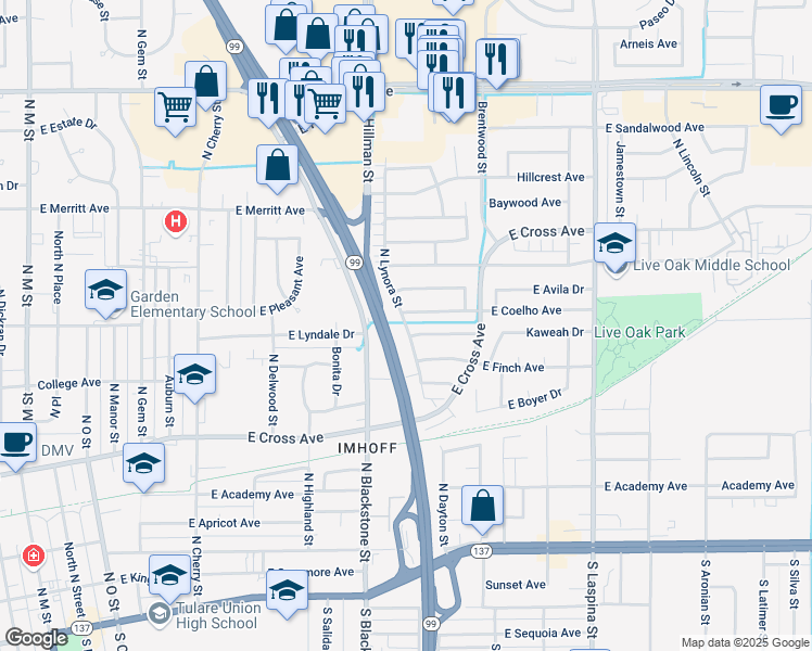 map of restaurants, bars, coffee shops, grocery stores, and more near 1300 East Coelho Avenue in Tulare