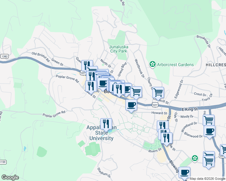 map of restaurants, bars, coffee shops, grocery stores, and more near 171 Grand Boulevard in Boone