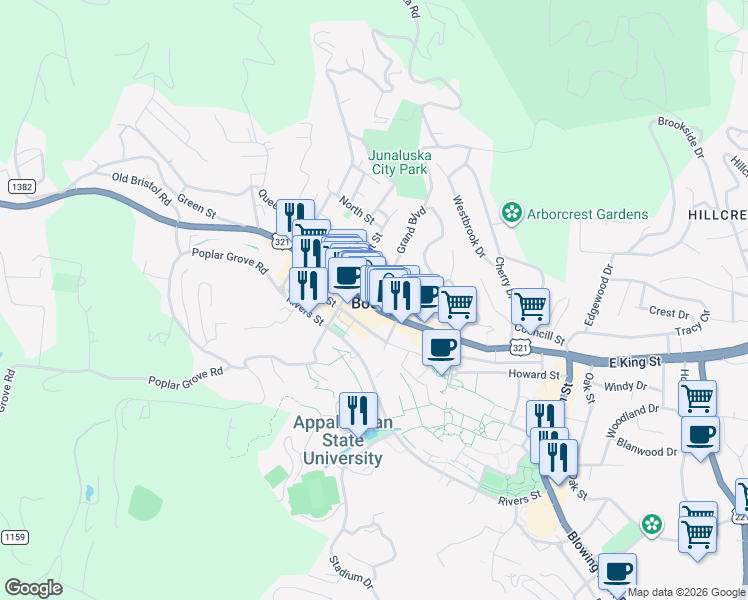 map of restaurants, bars, coffee shops, grocery stores, and more near 171 Grand Boulevard in Boone