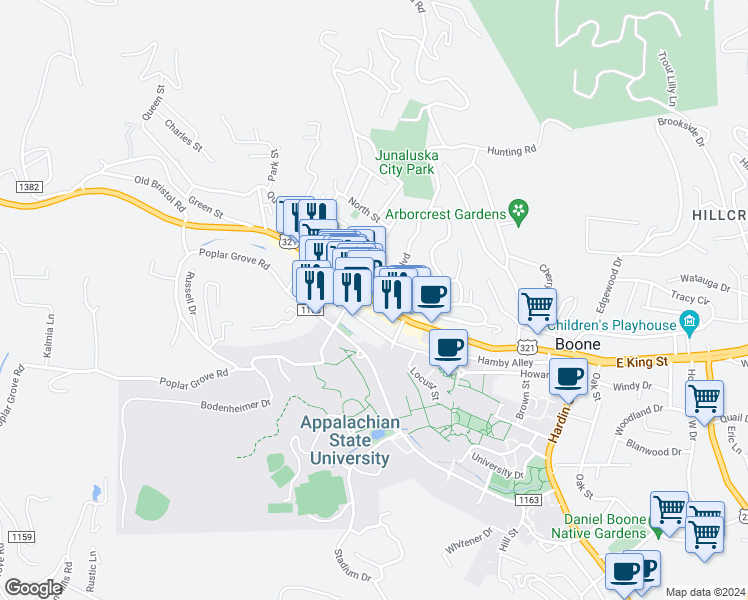 map of restaurants, bars, coffee shops, grocery stores, and more near in Boone