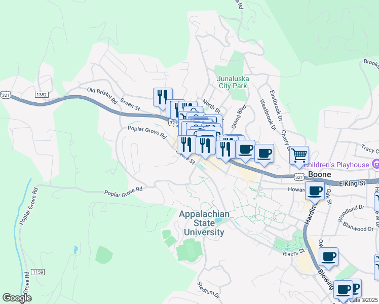map of restaurants, bars, coffee shops, grocery stores, and more near 161 Howard Street in Boone