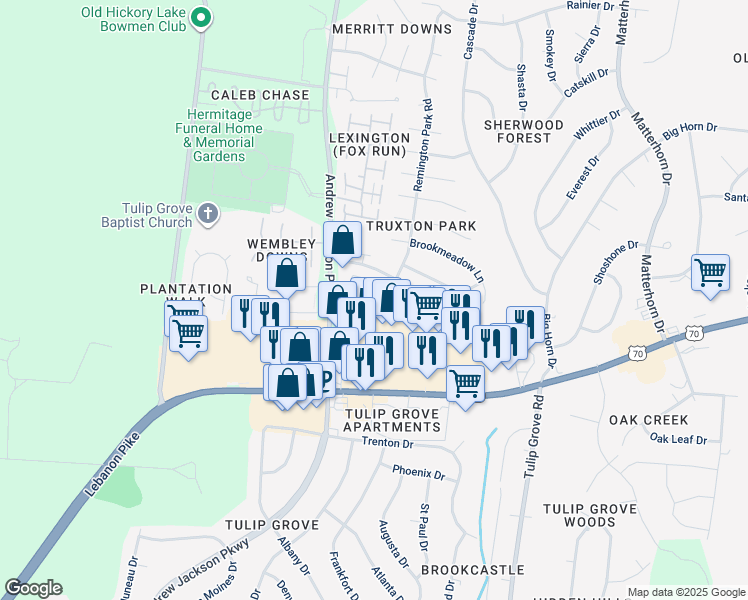 map of restaurants, bars, coffee shops, grocery stores, and more near 500 Griffin Circle in Nashville