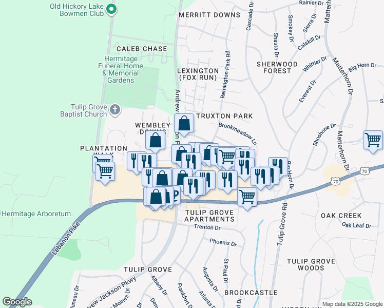map of restaurants, bars, coffee shops, grocery stores, and more near 529 Griffin Circle in Nashville
