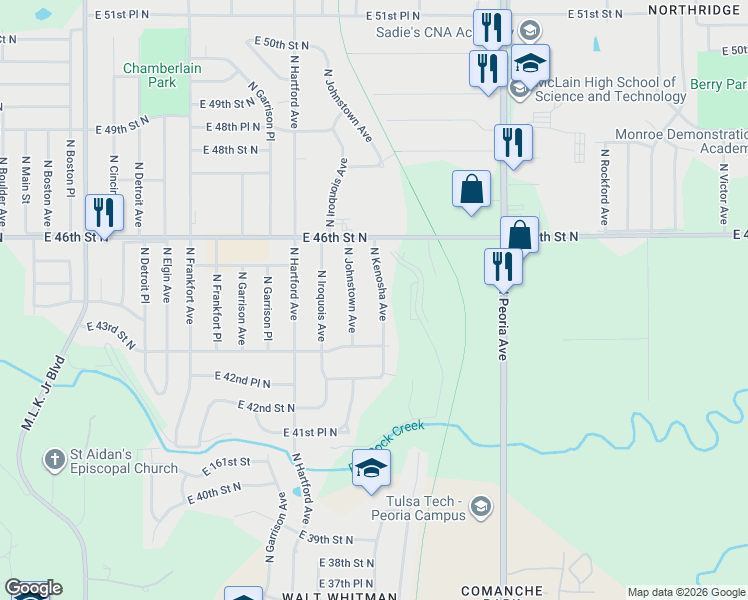 map of restaurants, bars, coffee shops, grocery stores, and more near 4513 North Kenosha Avenue in Tulsa