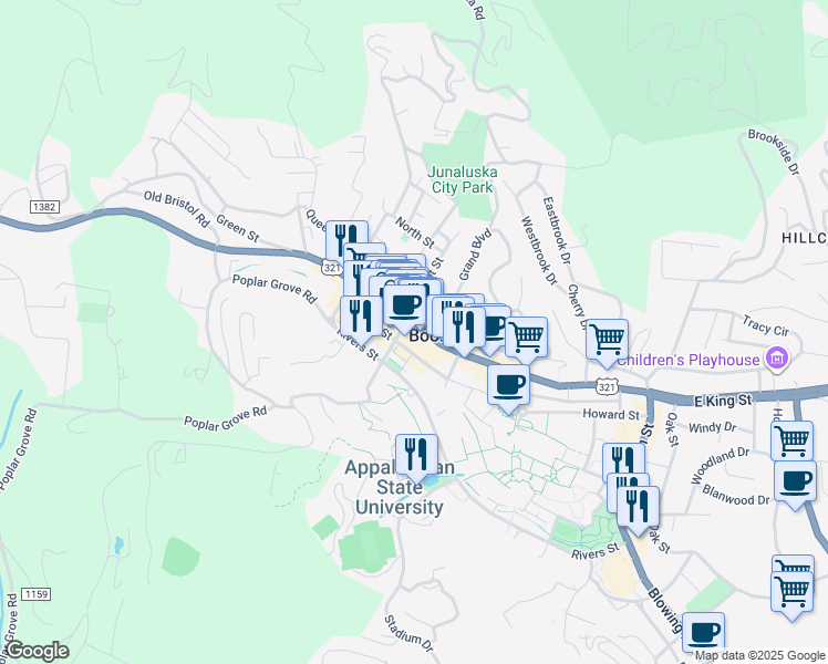 map of restaurants, bars, coffee shops, grocery stores, and more near in Boone