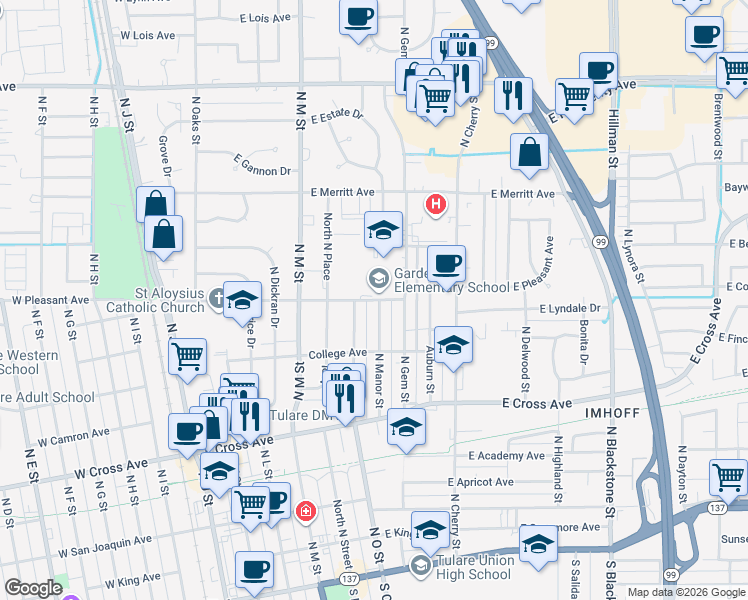 map of restaurants, bars, coffee shops, grocery stores, and more near 640 East Pleasant Avenue in Tulare